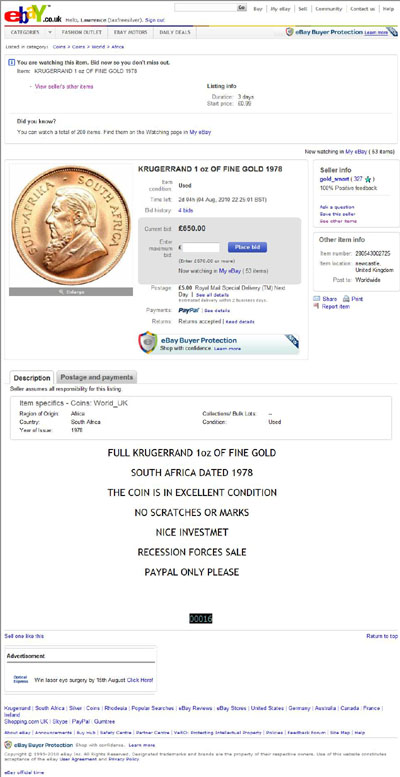 gold_smart eBay Listing Using Our 1974 One Ounce Gold Krugerrand Obverse Photograph
